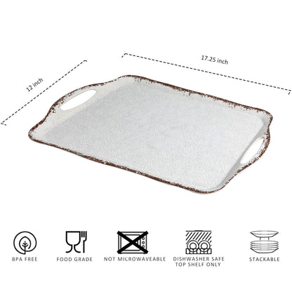 LEHAHA Vintage White Large Serving Tray with Handles, 17.25x12 inch, Set of 2 Melamine Platters for Serving Food, Turkey, Cookie, Rectangular Trays for Eating, Crackled Finish with Rustic Raised Rim.