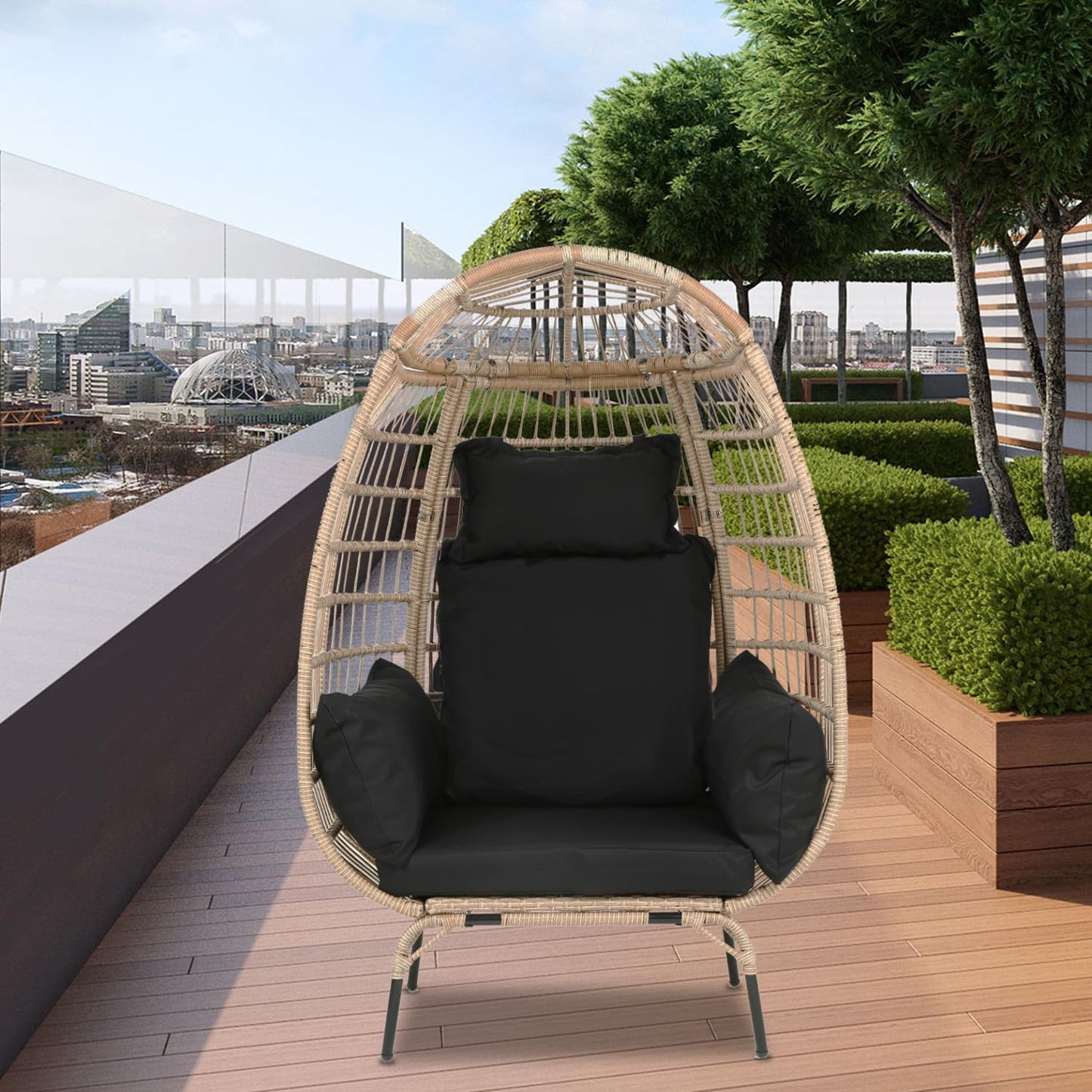Egg Chair Outdoor Rattan Patio Egg Chair Hand-Woven Oversized Wicker Egg Chair Outdoor Indoor Lounge Chair with Padded Cushions Steel Frame for Living Room Backyard Patio Porch, Black