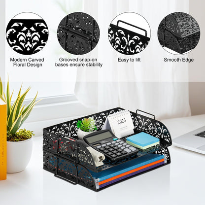 EasyPAG Paper Organizer for Desk 2 Tier Stackable Paper Tray for A4 Legal Size Folders Metal File Storage Desktop Organizer for Home Office School Teacher, Black