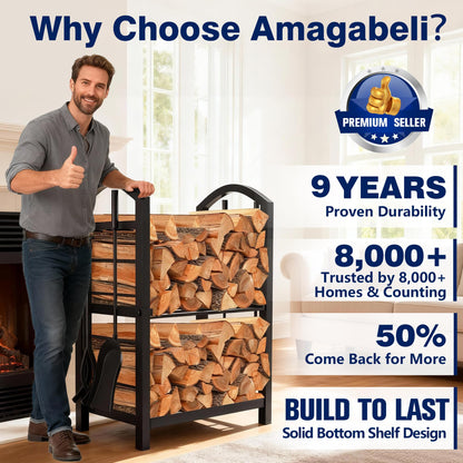AMAGABELI GARDEN & HOME Firewood Rack Indoor with Tools 5-Piece Fireplace Tools Set Wood Holder Outdoor Wrought Iron Log Holder Firewood Storage Rack for Fireplace,Fire Pit,Wood Stove Black