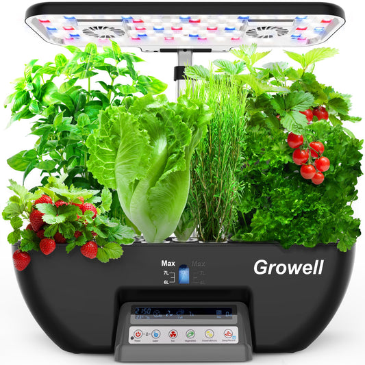 Growell Hydroponics Growing System Kit, 17 Pods Herb Garden with 102 28W Full-Spectrum Grow Lights & 2 Fans, Indoor Garden with Water Pump, 10L Water Tank, Auto Timer, Height Adjustable (Black & Grey)