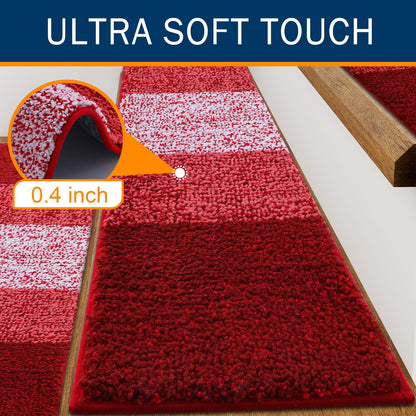 OLANLY Stair Treads Non Slip 15PCS, 8" x 30" Indoor Stair Runners for Wooden Steps, Edging Stair Rugs with Reusable Peel and Stick Adhesive for Kids Elders and Pets, Burgundy