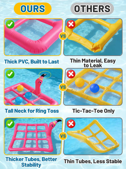 2 in 1 Flamingo Pool Games Toys Set - Inflatable Tic-Tac-Toe & Ring Toss for Family, Adults, Teens, Kids, Outdoor Summer Swimming Pools Party Water Game with 10 Balls & 6 Rings for 2-10 Players