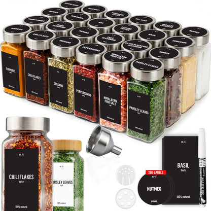 Deco haus Glass Spice Jars with Label 24 x 4oz [LABELS incl] Spice Containers with 280 Labels, Shaker Lids, Funnel & Chalk Marker - Empty Herb Seasoning Containers, Small Seasoning Bottles for Herb