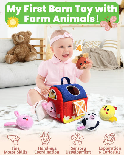 Baby Toys 6-12 Months - Infant Barn Toy with Stuffed Farm Animals, Rattle, Crinkle, Squeak, Mirror - Montessori Sensory Toys for 6 7 8 9 10 12 Month Old Babies, 1 Year Old Baby Boy Girl Gifts
