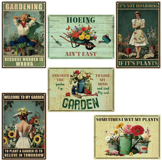 GlikCeil 6 Pcs Funny Metal Garden Signs for Outside Garden Outdoor Decor 12 x 8 Inches Vintage Tin Signs Gardening Gifts for Women Christmas Gifts Wall Decoration Lover Greenhouse Backyard Room Decor