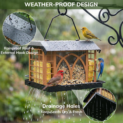 Bird Feeders for Outdoors Hanging, Metal Bird Feeder with Double Suet Cage Weatherproof Metal Roof, 3.5Lbs Large Capacity Great for Attracting Finch Cardinal Chickadee Wild Birds, Pinecone Brown