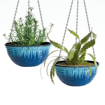 Vanslogreen 12 inch Hanging Planters for Indoor Outdoor Plants, 2 Pack Large Hanging Flower Pots with Drainage Holes and Chain, Glazed Hanging Baskets for Home Garden Decoration (Blue Flow Glaze)