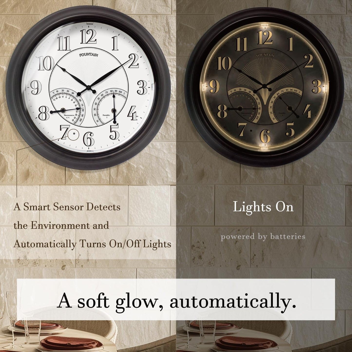 FOUNTAIN DESIGNS 18 Inch Illuminated in/Outdoor Clock with Smart Sensor and Night Light, Waterproof, Large Wall Clock with Thermometer & Hygrometer for Patio,Pool and Garden Decor,Oil Rubbed Bronze