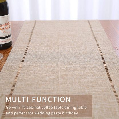 Tosewever Decorative Linen Table Runner Farmhouse Style Tabletop Collection 14 x 108 Inches Table Runners for Everyday Dining Wedding Party Holiday Home Decor (14" x 108", Light Coffee/Straight)