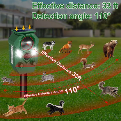 Ultrasonic Animal Repeller Outdoor - Cat Repellent & Deterrent with PIR Sensor & Flashing Light,Solar Powered Deer Repellent for Squirrels, Raccoons, Skunks,Rabbits,and Dogs, IP65 Waterproof （2 Pack）