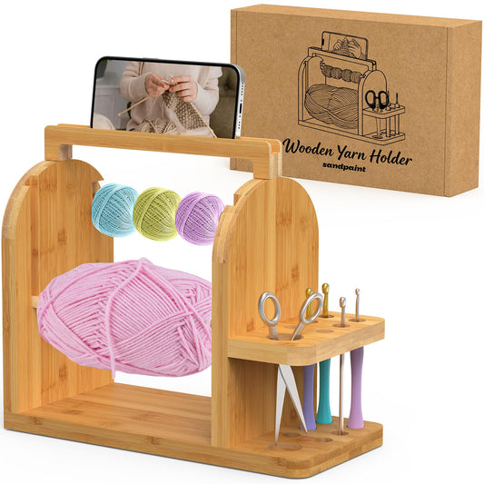 sandpaint Yarn Holder for Crocheting, Durable Bamboo Wood Yarn Storage Organizer with Built-in Phone Stand, Tangle-Free Dual Rods & Tool Holder, Ideal Crochet Accessories for Skein, Cake, Ball Yarn