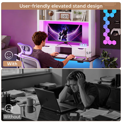 Homiflex Desk Shelf with Computer Monitor Stand, 37.4''W Desktop Bookshelf Display Rack, Desktop Organizer Storage Rack with Cubbies & Drawers, 5-Tier Hutch for Home, Office, Dorm, Vanity, White&Brown