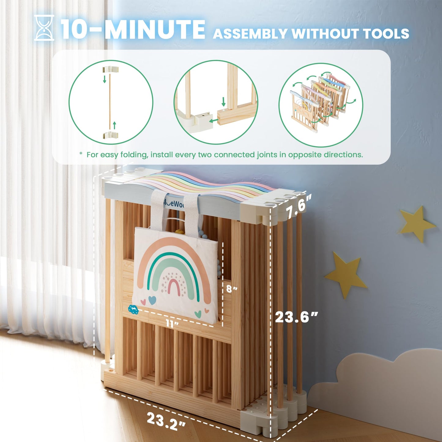 Foldable Wooden Baby Playpen - Adjustable Wood Play Yard, Indoor Large Safety Fence for Babies and Toddlers - No Door Design, 45 x 45 x 24 inches, Pastel Dream