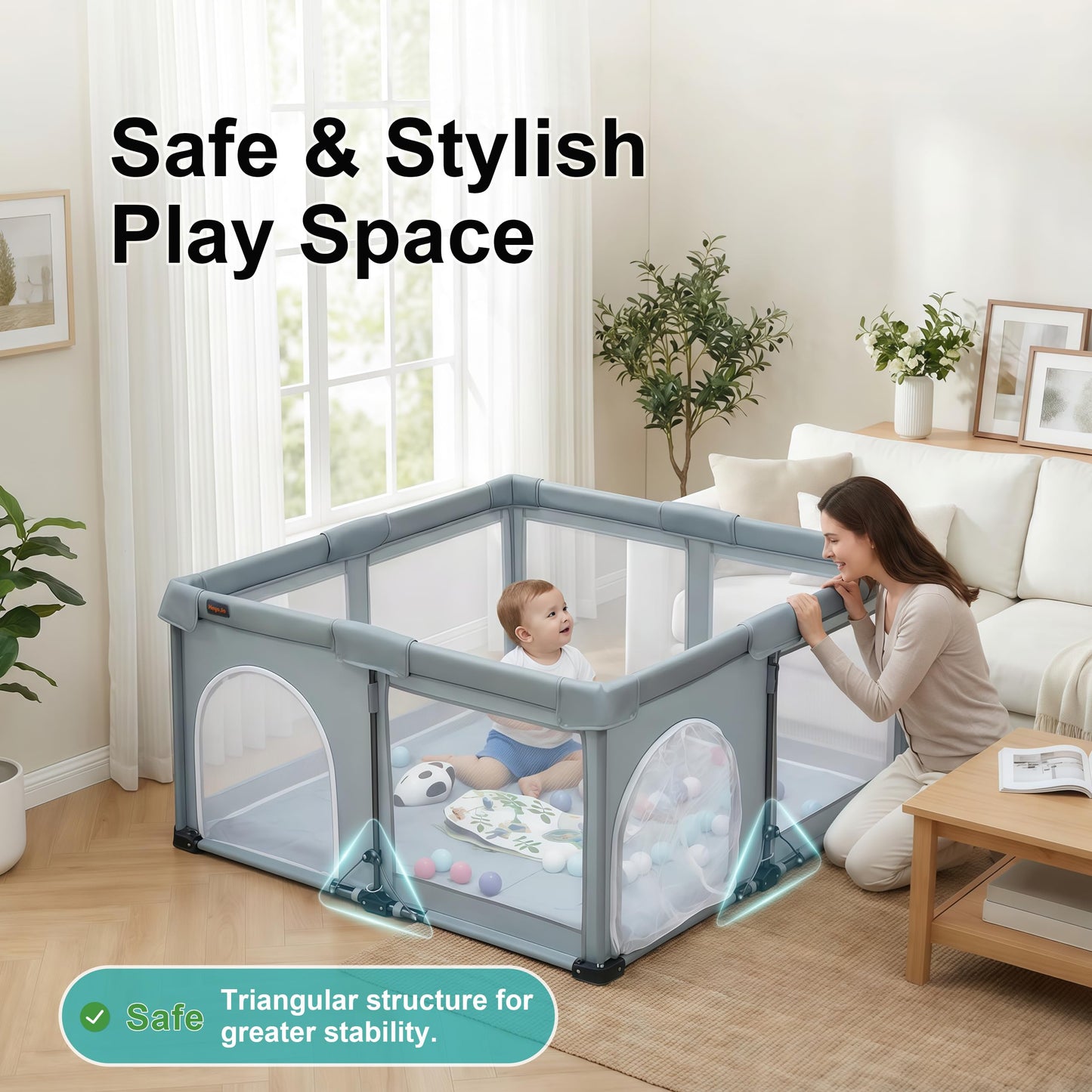 Foldable Playpen with Detachable Thicken Mat,50x50 Inches Portable Playpen,Collapsible Play Pen for Babies and Toddlers,Indoor & Outdoor Baby Fence Play Area,Cold Gray