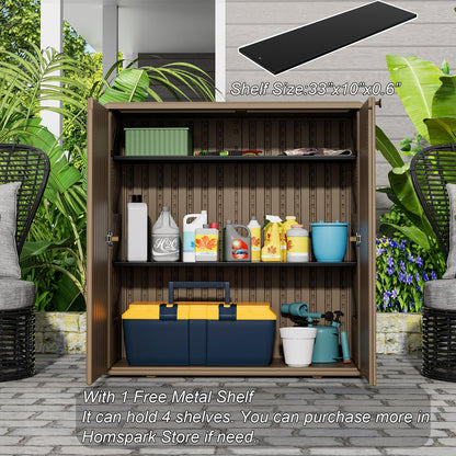 HOMSPARK Indoor/Outdoor Storage Cabinet with Doors and Shelf, 34”x16”x36” HDPE Plastic Storage Box for Patio, Balcony, Multi-Purpose for Tools, Brown