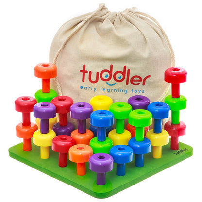 Toddler Peg Board Sensory Montessori Fine Motor Skills Educational Toys - 30 Stackable Pegs + Pattern Card + Drawstring Backpack + E-Book