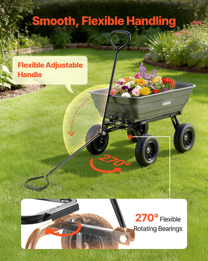 VEVOR 4 Cu.Ft 600LBS Poly Garden Cart Dump Wagon, 4 Wheel Heavy Duty Wheelbarrow with 10" Flat Free Tires, Yard Cart Dump Wagon with Quick-Release System