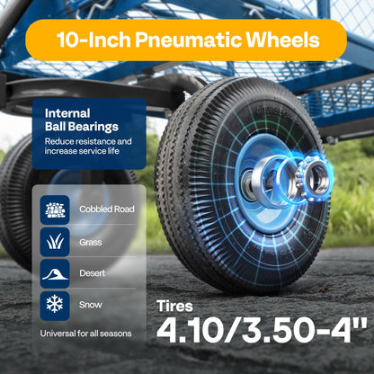 VIVOHOME Heavy Duty 880 Lbs Capacity Mesh Steel Garden Cart Folding Utility Wagon with Removable Sides and 4.10/3.50-4" Wheels 10 inch Tire (Blue)