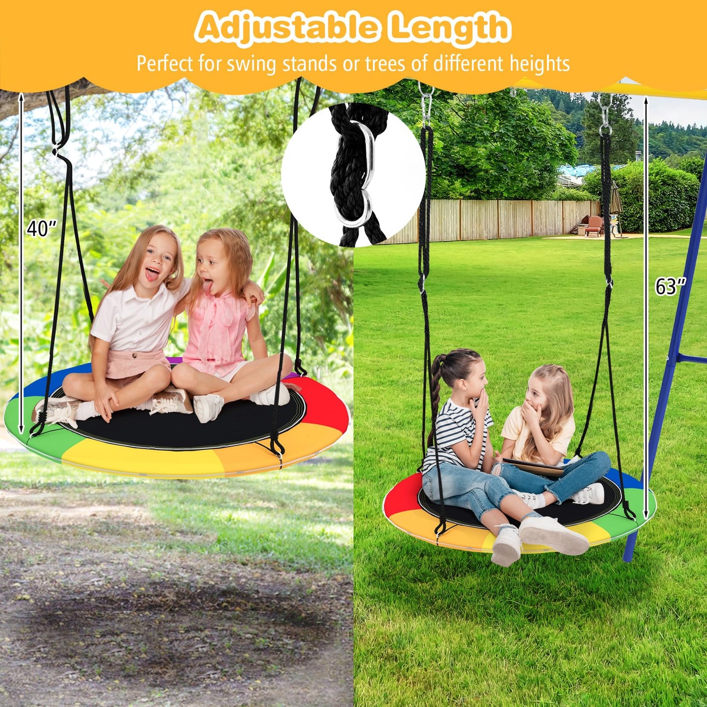 GLACER 40" Flying Saucer Tree Swing, 660 lbs Capacity Indoor Outdoor Hanging Round Swing with LED Lights, Adjustable Hanging Ropes, Ideal Gifts for Kids & Adults (Colorful)