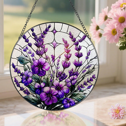 Bauhinia&Violets Flower Stained Glass Suncatcher, Stained Glass Window Hanging, 8 Inch Window Hanging Decor, Christmas, Mother's Day, Birthday Gifts for Mom, Grandma, Women, Wife, Lovers