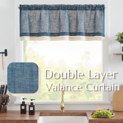 jinchan Linen Valance for Farmhouse Living Room Windows 16 Inch Slubbed Crossed Double Layer Window Valance Light Filtering Rustic Country Overlay Rod Pocket 1 Panel Navy Blue