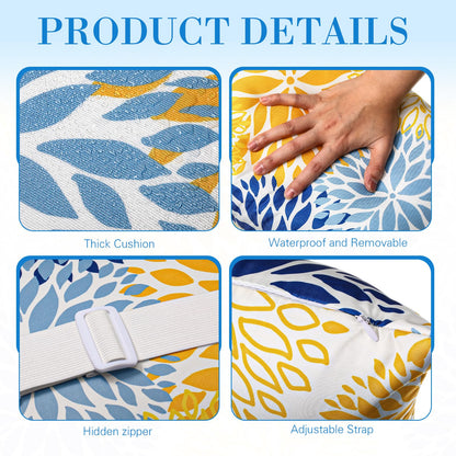 Lineshading 4 Pcs Chaise Lounge Pillow with Strap Outdoor Waterproof Pool Chair Neck Headrest Pillows with Adjustable Elastic Band for Beach Patio Chair Recliner(Yellow,Floral)