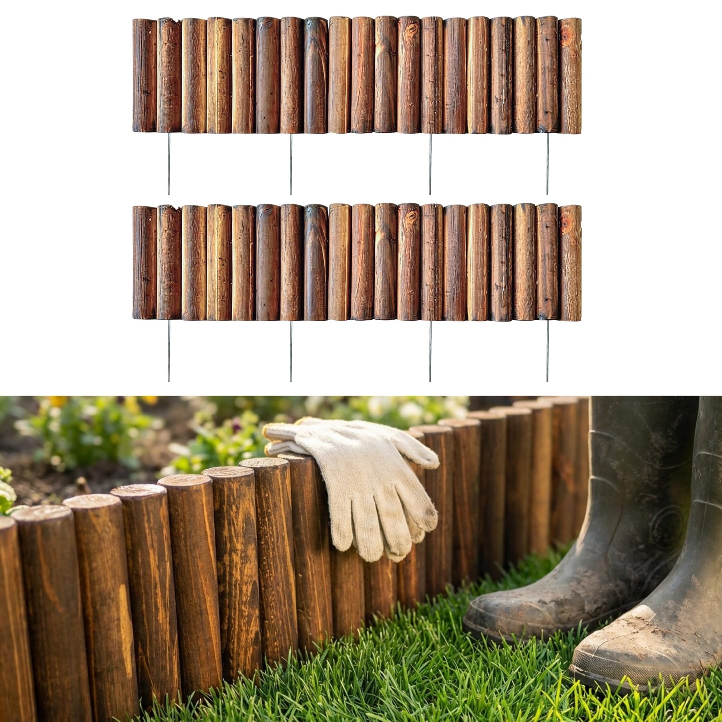LaLaGreen Wooden Fence Panel (30"x8", 2 Pack) Brown Wood Decorative Flower Bed Landscape Fencing with Metal Stakes, Garden Edging Border for Lawn Yard Patio Pathway Tree Rings Barrier Outdoor Decor
