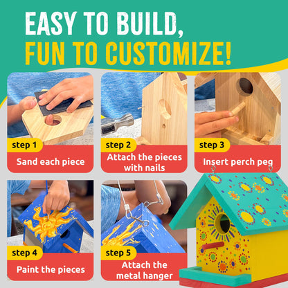 SparkJump Jr Bird House Kit, DIY Cedar Wood Birdhouse for Outdoors with Paint, Fun for Kids & Adults, Bird House Making Kit for All Ages (1-Pack)