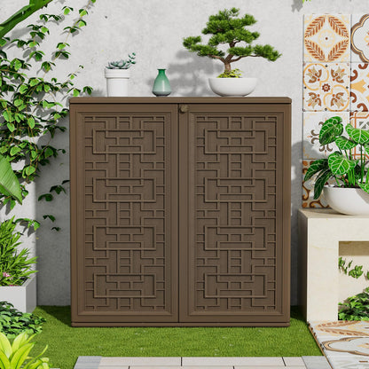 HOMSPARK Indoor/Outdoor Storage Cabinet with Doors and Shelf, 34”x16”x36” HDPE Plastic Storage Box for Patio, Balcony, Multi-Purpose for Tools, Brown