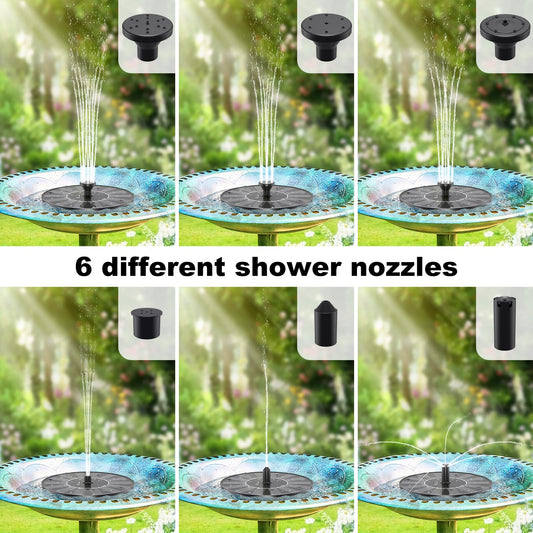 Priksia Solar Water Fountains,Solar Powered Bird Bath Fountain with 6 Nozzles - Free Standing Floating Solar Fountains for Bird Bath, Garden, Pond, Pool (Black-1.4W)