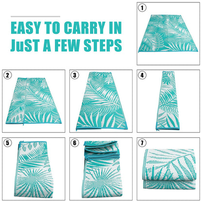 HiiARug Outdoor Rug for Patios Clearance, 6x9 Waterproof RV Rugs for Outside, Reversible Plastic Straw Mat Large Quick Drying Outdoor Rugs for Deck Trailers Campers Porch Beach Backyard,Teal & White