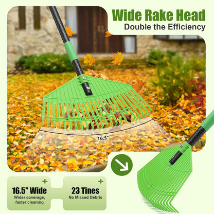 Plastic Leaf Rake with Adjustable 65'' Handle - Lightweight Outdoor Yard Rakes for Leaves,Grass & Pine Needle,Mulch,Gentle On Lawn Garden - Easy to Use for Women,Seniors & Kids