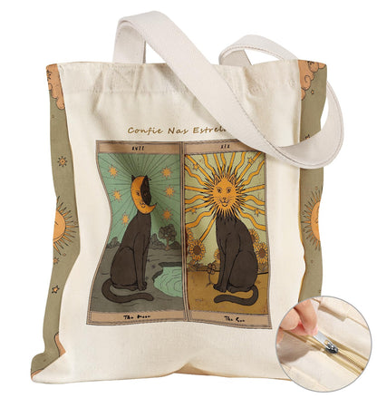 Miss Adola Large Canvas Tote Bag for Women - with Zipper and Inner Pocket Aesthetic Cute Shoulder Bag Reusable Grocery Shopping Bags Cotton Tote Bag for Gym Daily Travel, Sun Moon Cats