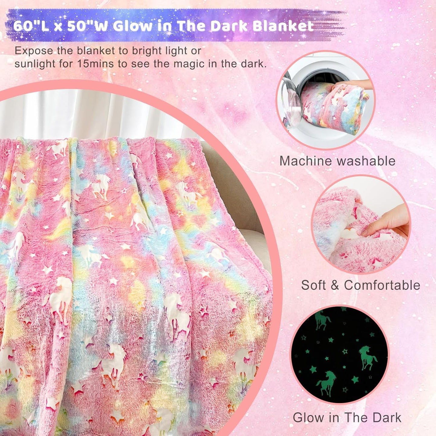 Runeaoys Unicorn Toys for Girls Age 4-6 Birthday Easter Gifts for Girls Age 3 4 5 6 7 8 9 10 Years Old Glow in the Dark Blanket Water Bottle Diamond Art Crafts