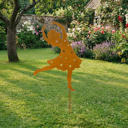 Therwen Rusty Metal Girl Dancer Garden Stake 24'' H Rusty Fairy Sculpture Yard Stake Large Whimsical Dancing Girl Silhouette for Lawn Garden Yard Patio Outdoor Primitive Decor