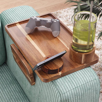 Danfoxer 3 in 1 Acacia Wood Couch Arm Tray,Couch Tray with Cup Holder and Phone Holder,Folding Sofa Armrest Trays Clip-On Sofas Desk for Drinks,Snacks,Phone,Remote Control