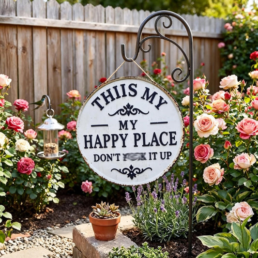 16" Funny Garden Metal Sign - "This Is My Happy Place Don't F It Up", Vintage Rustic Tin Plaque for Outdoor Garden, Patio, Farm, Bar, or Coffee Wall Decor, Humorous Housewarming Gift
