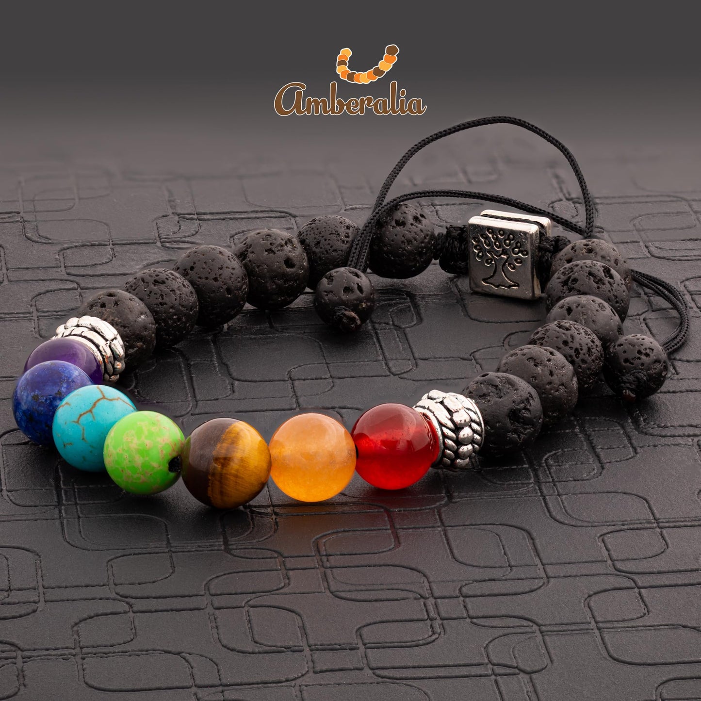 Amberalia Chakra Bracelet, Adjustable, Lava Stone Beads, Tree of Life Charm, Silver