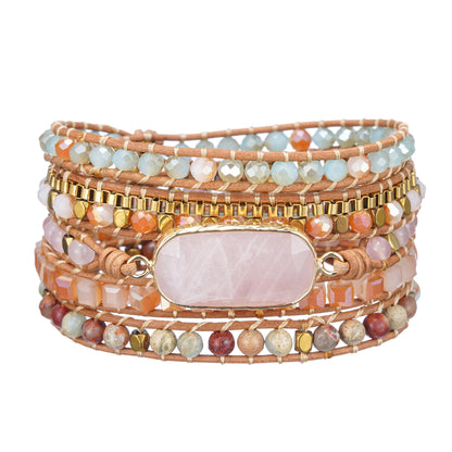 Plumiss Handmade Rose Quartz Leather Wrap Bracelet for Women, Boho Multi-Layer Natural Stone Beaded Strand Bracelets, Adjustable Stackable Jewelry Gift for Mom Girlfriend