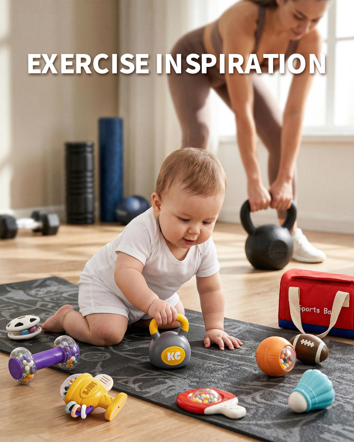 STACTCUTE 11 Pcs Baby Rattles Teether Toys Set, Sports Themed Gym Toy Bag for Infants 0-6 6-12 Months, Dumbbell & Ball Sensory Teething Toys, Newborn Boy Stuff 1st Birthday Shower Gifts