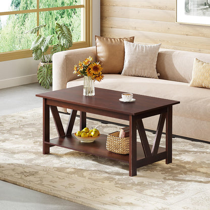 WLIVE Coffee Table with Storage Shelf, 39.4" Farmhouse Coffee Table with V-Frame Support, 2-Tier Wood Rustic Center Table for Living Room, Bedroom & Balcony, Espresso