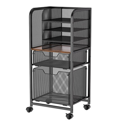 Feyejade 6-Tier Rolling File Cart with 2 Drawers, File Cabinet Organizer for Hanging File Folders, Letter-Size File Storage with Wheels, Multi-Layer Mobile Filing Cabinet for Office and Home
