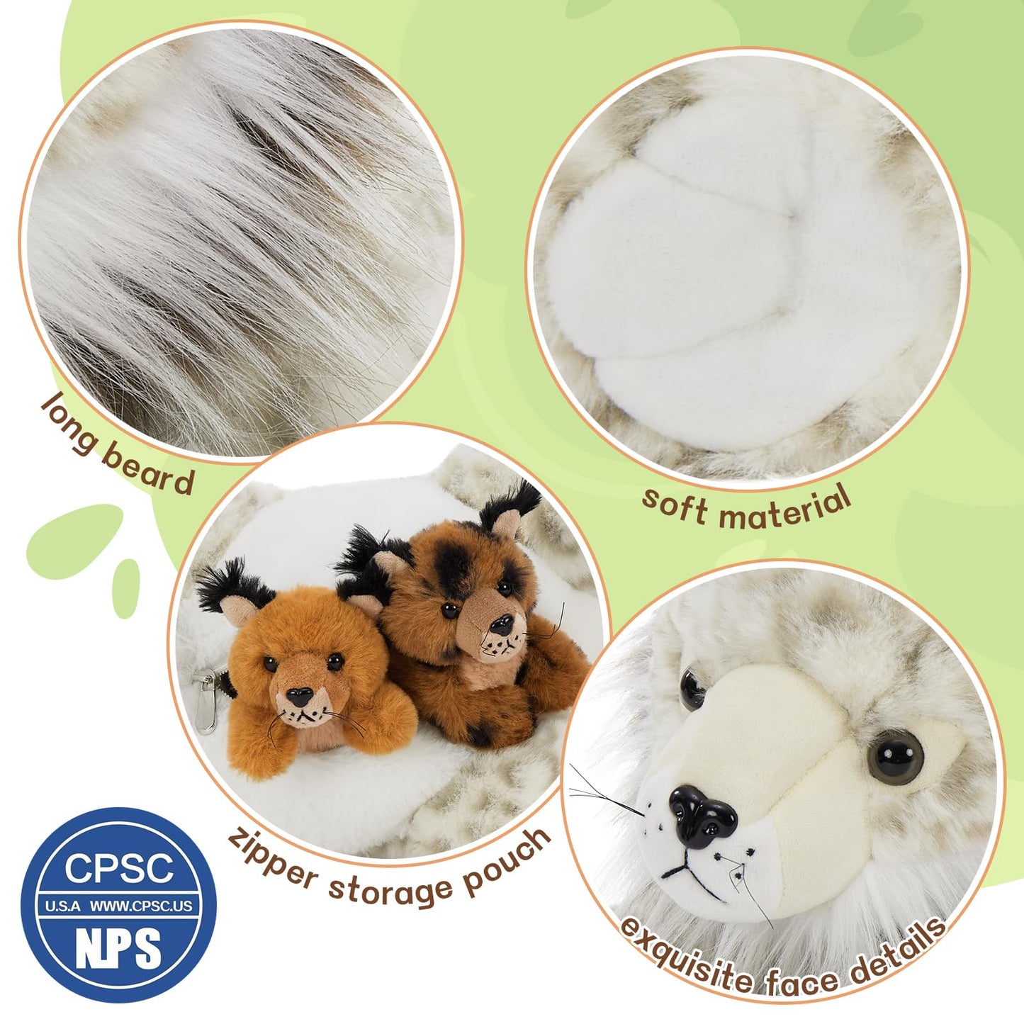 Muiteiur 5 Piece Lynx Stuffed Animals, Soft Bobcat Stuffed Animals with Babies,18-inch Cute Plush Toy for Kids Girls Boys, Fun Gift for Birthday Children Day (White)
