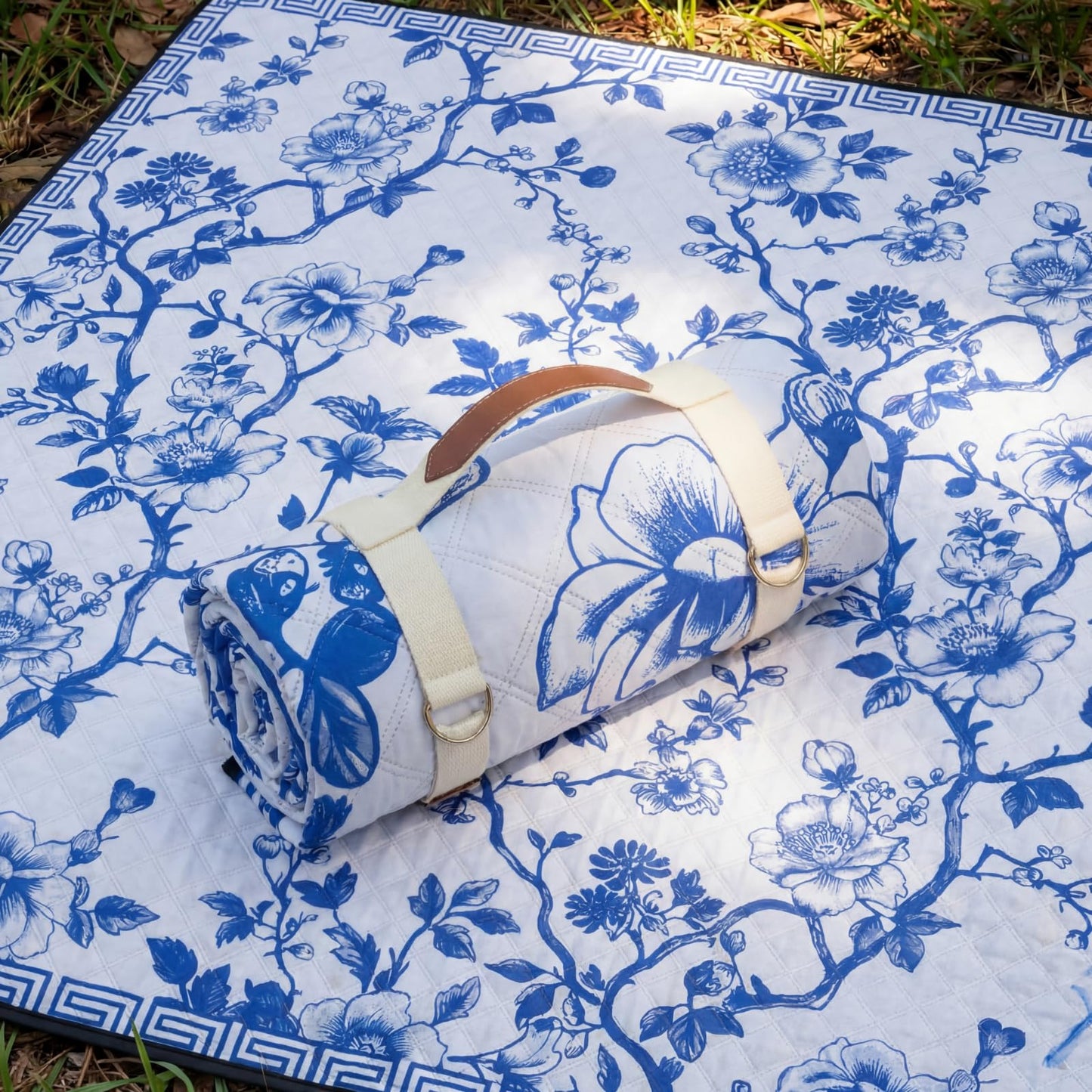 Newwiee 80 x 80 Inch Blue and White Floral Picnic Blanket Extra Large Outdoor Chinoiserie Picnic Mat with Carry Strap Waterproof Sandproof Blanket Foldable Portable for Beach Camping Grass Lawn Park