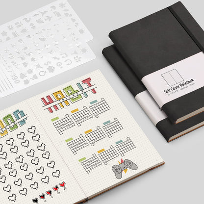 AHGXG Dotted Grid Journal 2 Pack - A5 Dot Grid Notebook Softcover, Medium 5.75'' × 8.38'', 320 Numbered Pages, 120gsm Thick Dotted Paper, Soft Leather Cover, Black Black