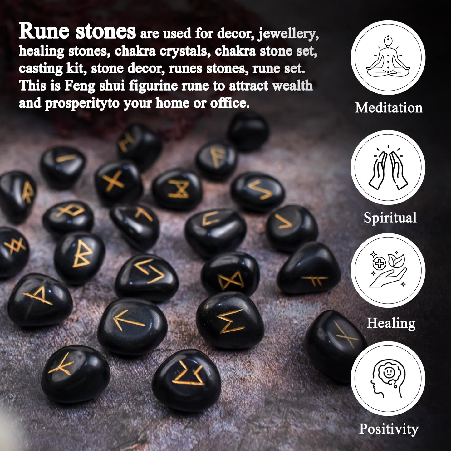 Crocon Black Tourmaline Gemstone Elder Futhark Alphabet Engraved Symbol Rune Stone 25 pcs Set for Feng Shui Chakra Balancing Reiki Healing Spiritual Metaphysical Size: 2025 mm