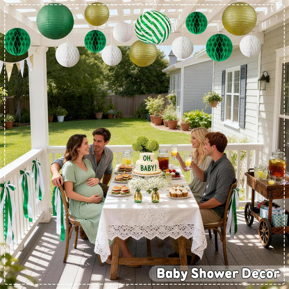 Green and Gold Party Decorations - 16Pcs Hanging Green White and Gold Paper Lanterns & Honeycomb Balls for Graduation Decorations 2026, Birthday, Baby Shower & Wedding Party Supplies