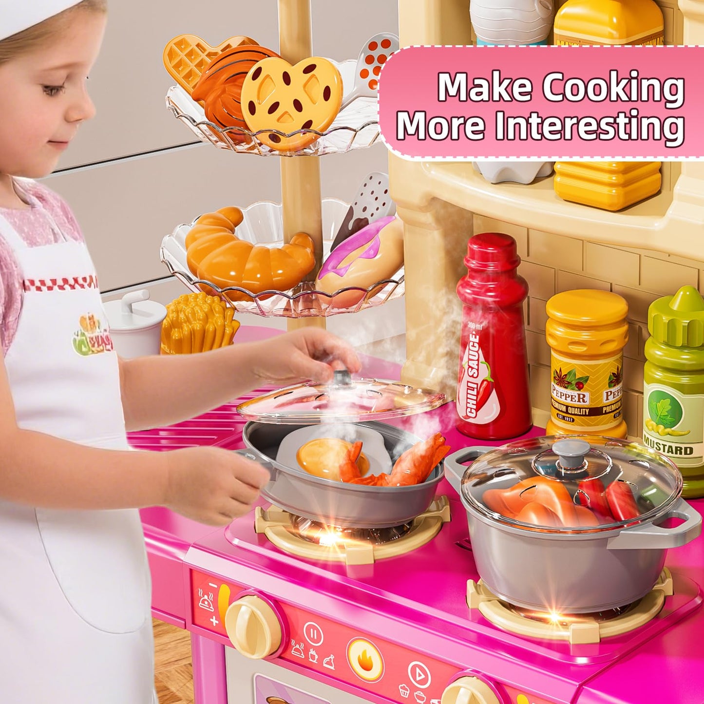 MSKOLER Play Kitchen Playset, Girls Kitchen Toys for Ages 2-6 4-8 with Light, Sound and Spraying, Sink Toy Accessories, Cooking Stoves, Pretend Food for Toddlers 1-3 3-5