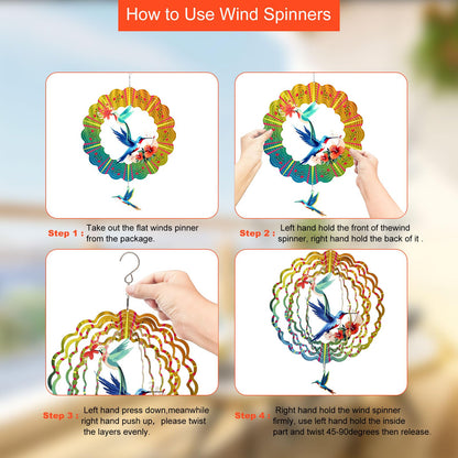 Hummingbird Metal Wind Spinners, Hummingbird Gifts for Mothers Day Women Mom Grandma Wife Men, 12 inch 3D Stainless Steel Hanging Wind Spinner for Outdoor Indoor Yard Art Garden Christmas Decorations